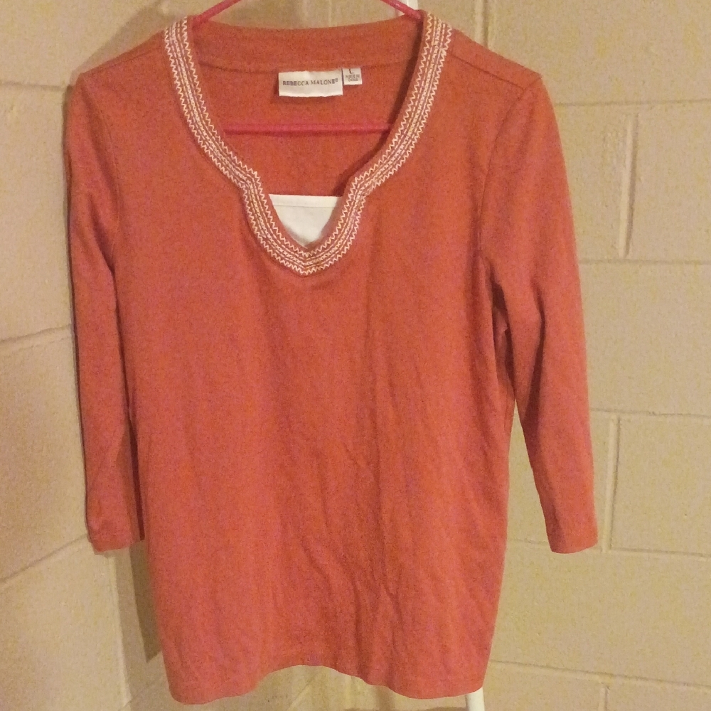 🦋Rebecca Malone Coral 3/4 Sleeve Top with Embellished Neckline